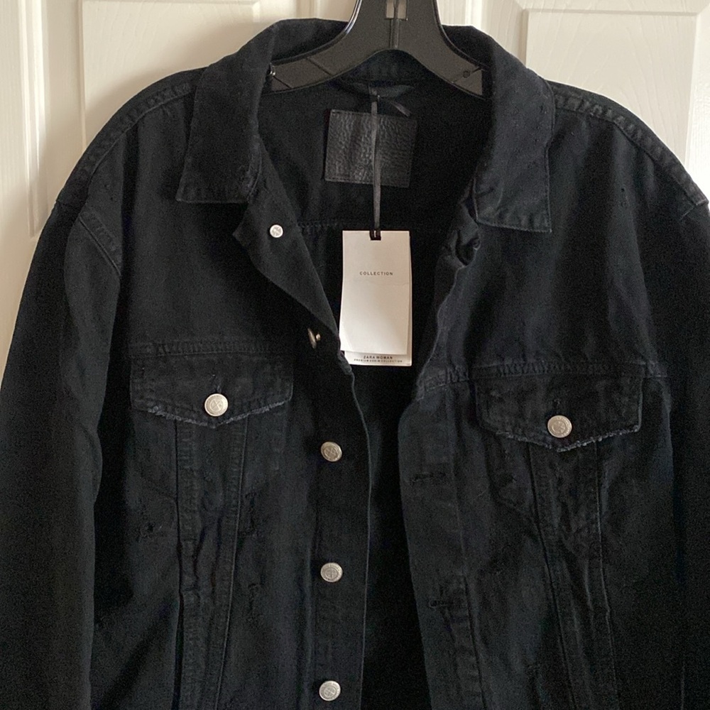 Zara Woman distressed black denim jacket with fringe back down arms - Picture 4 of 12